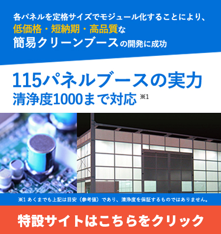 各パネルを定格サイズでモジュール化することにより、低価格・短納期・高品質な簡易クリーンブースの開発に成功。115パネルブースの実力 清浄度1000まで対応。